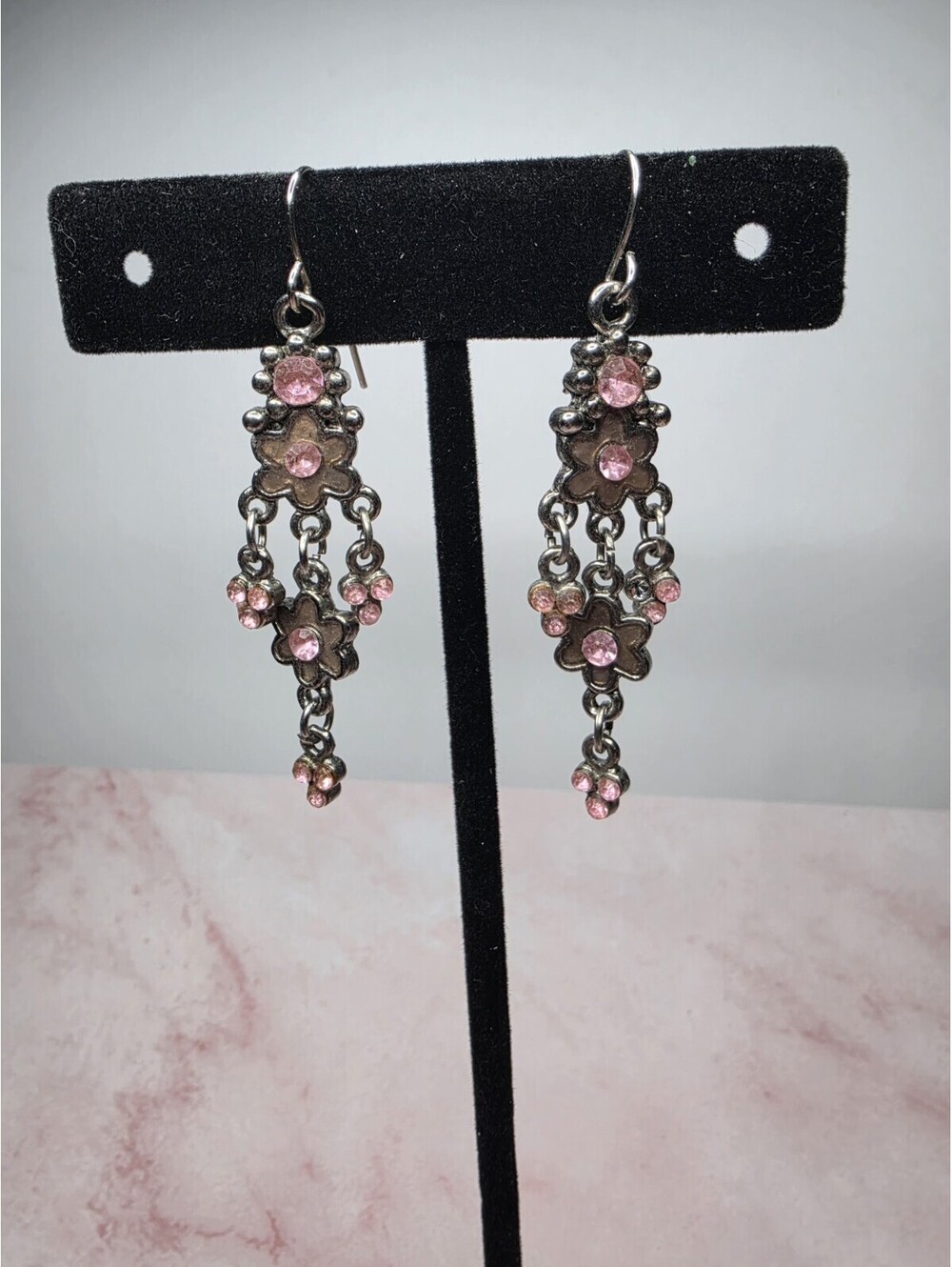 Vintage Silver Tone Pink Rhinestone Flower Chandelier Dangle Earrings